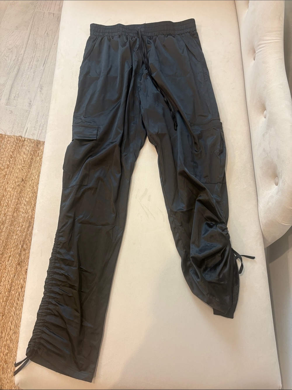 Ruched Black Cargo-Style Trousers with Drawstring Hems